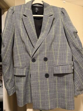 Bar III Gray Plaid Double-Breasted Blazer with Neon Yellow Windowpane